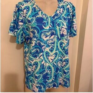 Lulu-B Aqua and White Swirl Short Sleeve Top xl
